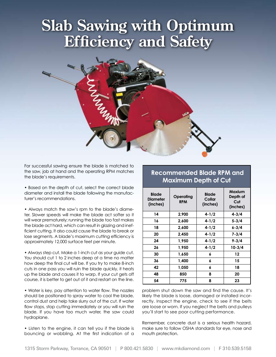 MK Diamond Slab Sawing User Manual | 1 page