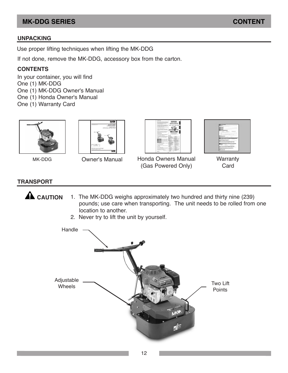 Mk-ddg series content, Caution, Unpacking | MK Diamond MK-DDG User Manual | Page 12 / 28