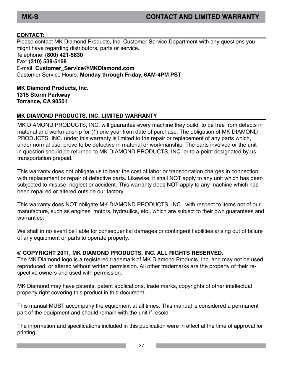 MK Diamond MK-S User Manual | Page 27 / 28