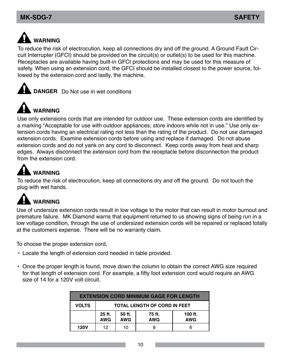 Mk-sdg-7 safety | MK Diamond SDG-7 User Manual | Page 10 / 24