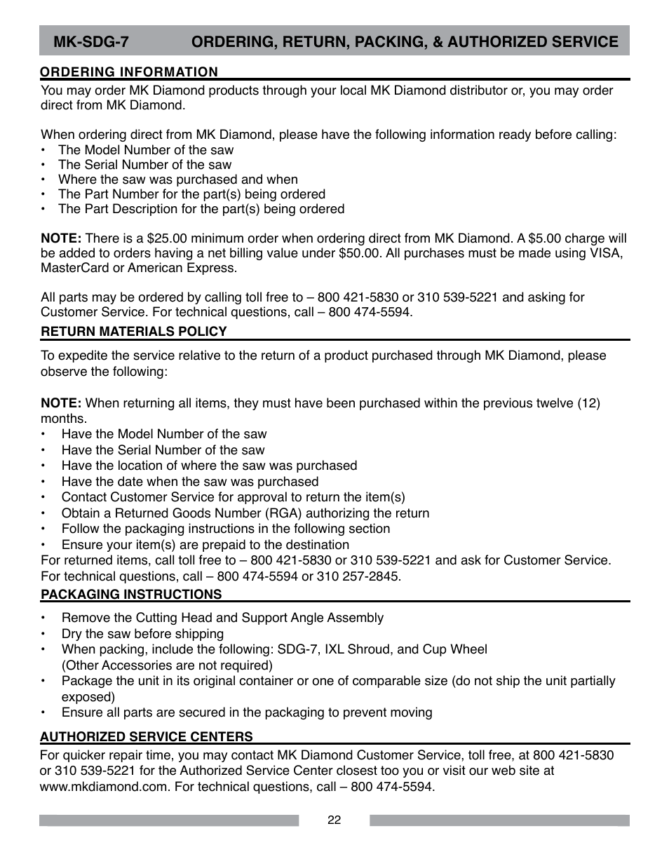 MK Diamond SDG-7 User Manual | Page 22 / 24