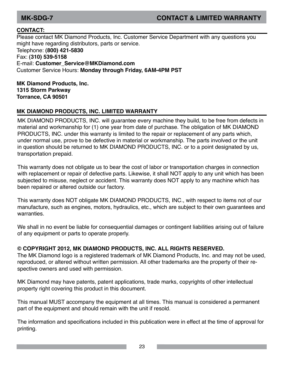 MK Diamond SDG-7 User Manual | Page 23 / 24