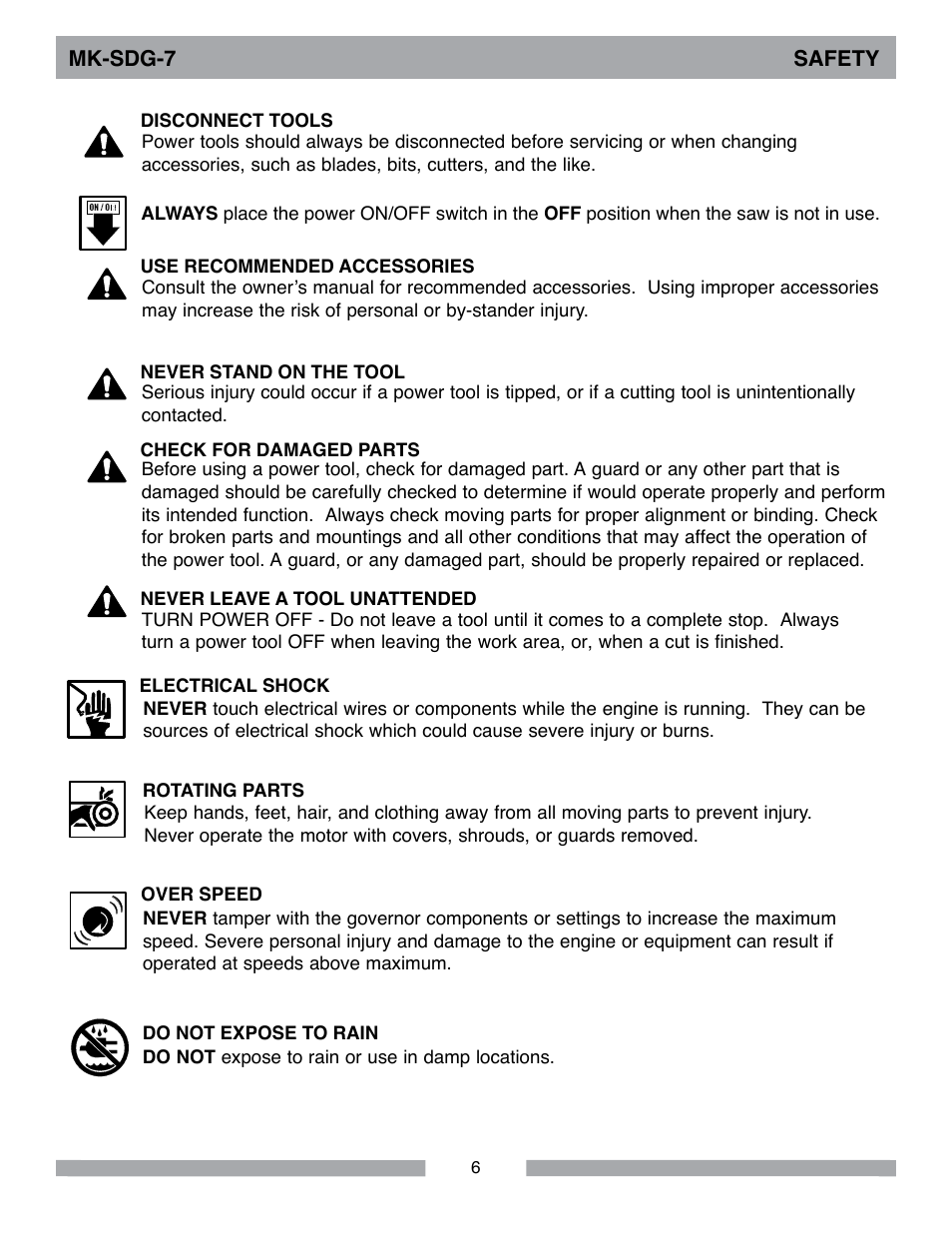 Mk-sdg-7 safety | MK Diamond SDG-7 User Manual | Page 6 / 24