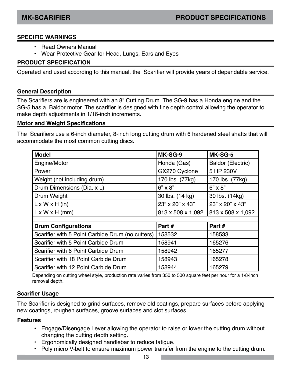 MK Diamond Scarifier User Manual | Page 13 / 68