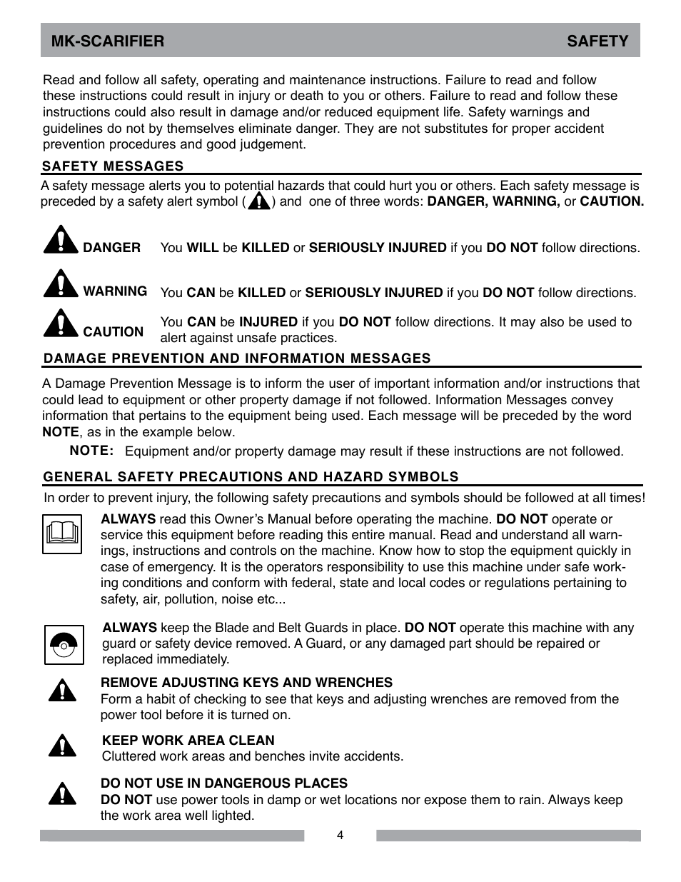 Mk-scarifier safety | MK Diamond Scarifier User Manual | Page 4 / 68