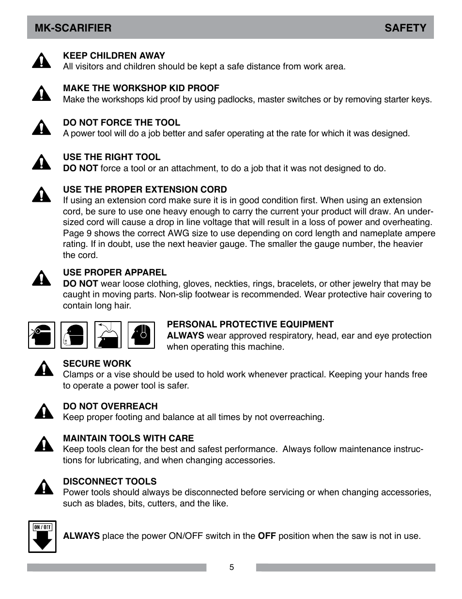 Mk-scarifier safety | MK Diamond Scarifier User Manual | Page 5 / 68