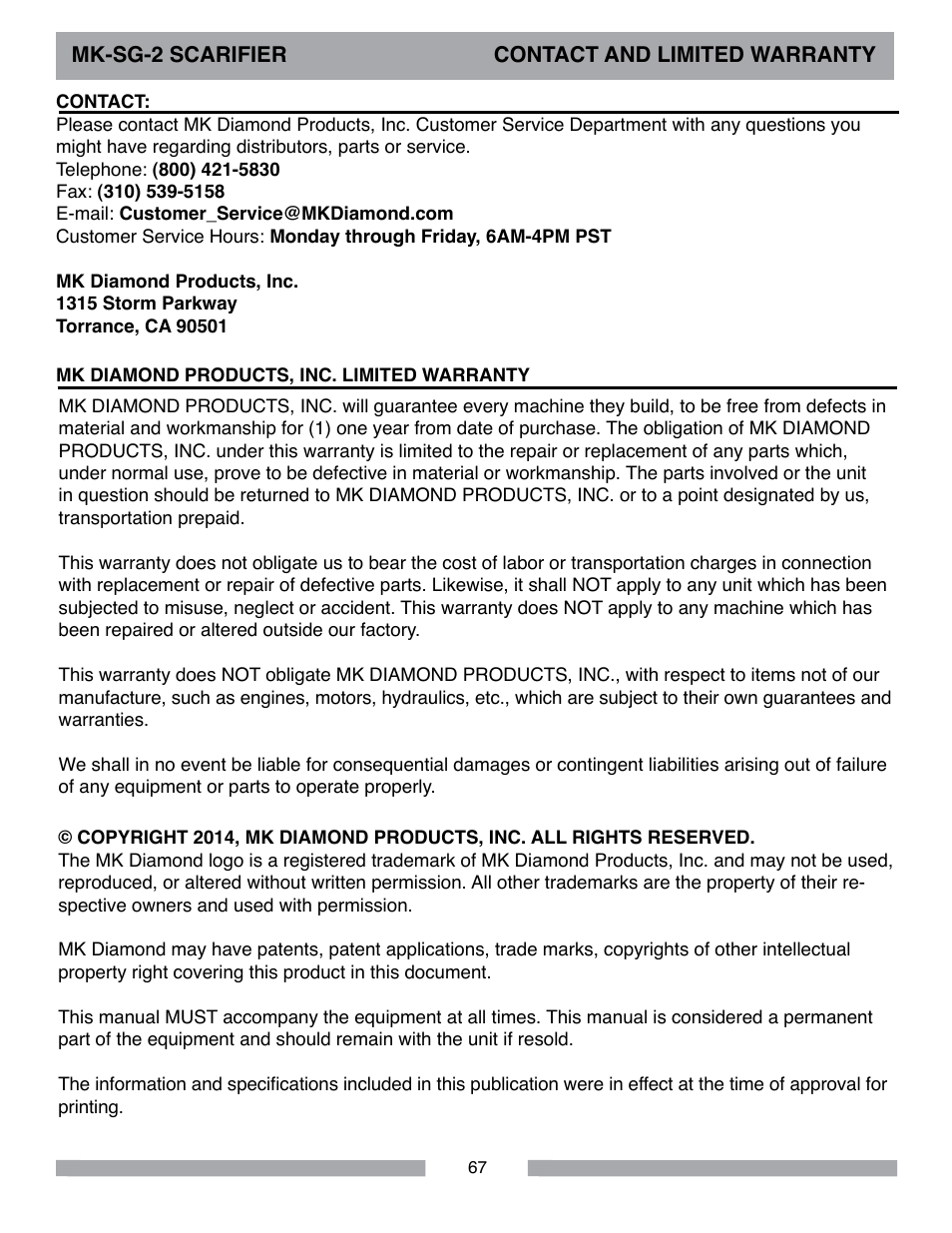 MK Diamond Scarifier User Manual | Page 67 / 68