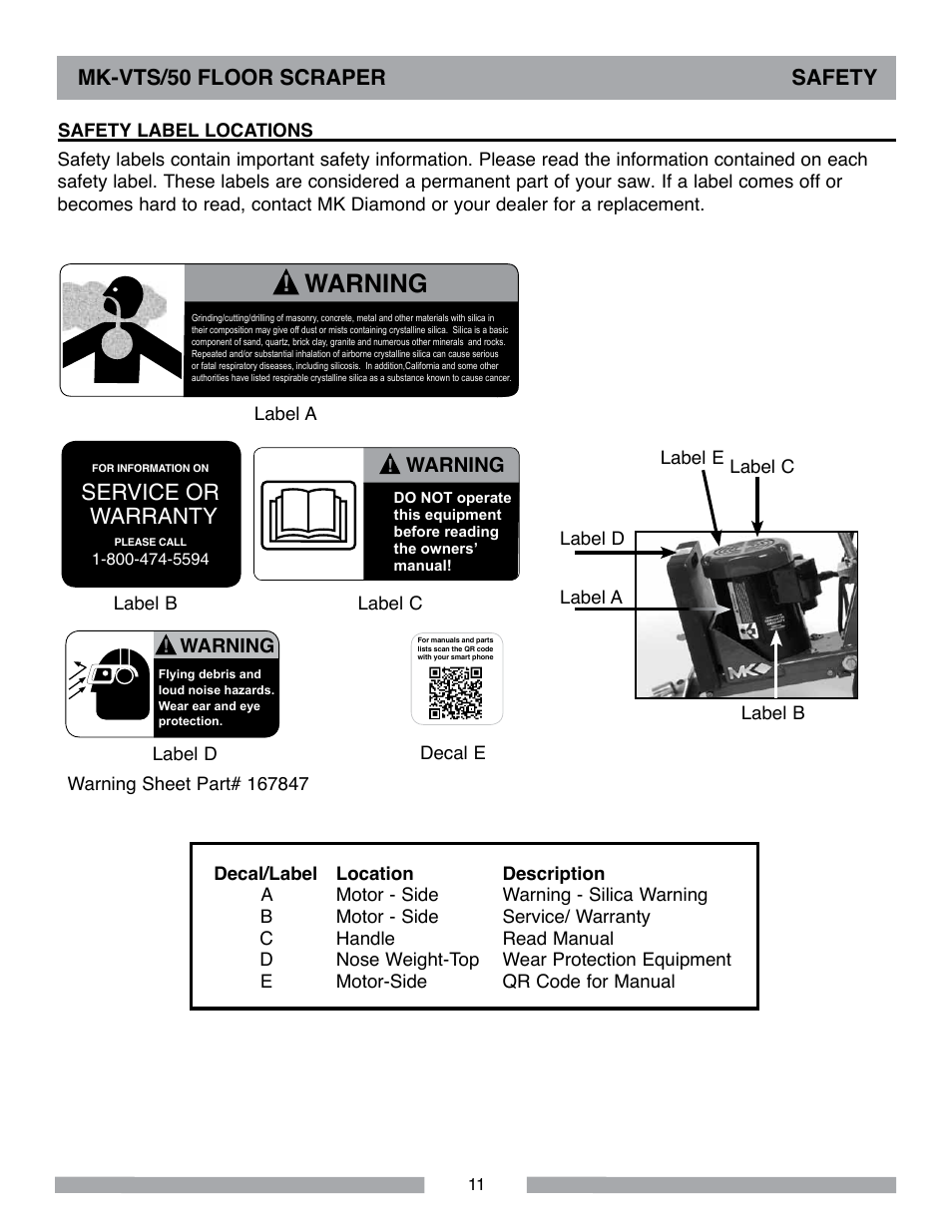 Warning, Service or warranty, Mk-vts/50 floor scraper safety | MK Diamond MK-VTS-50 User Manual | Page 11 / 28