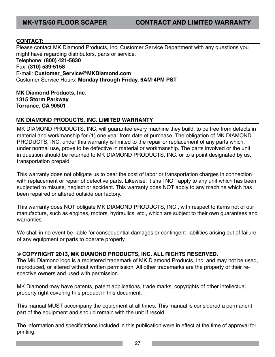 MK Diamond MK-VTS-50 User Manual | Page 27 / 28