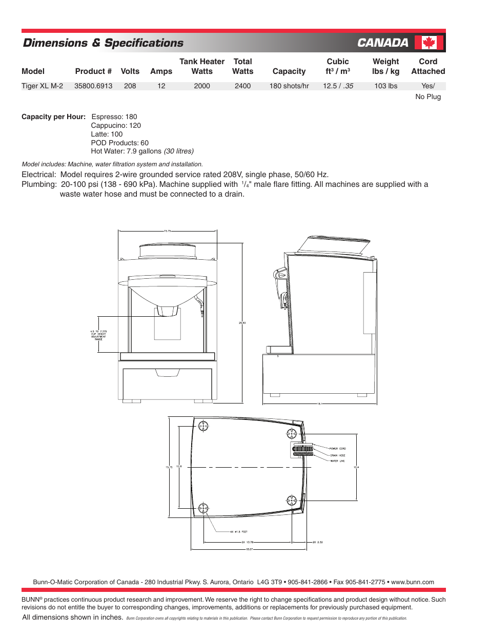 Dimensions & specifications, Canada | Bunn XL M-2 EXT User Manual | Page 2 / 2