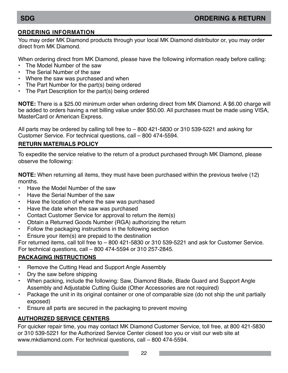 MK Diamond Sawtec SDG-103 User Manual | Page 22 / 24