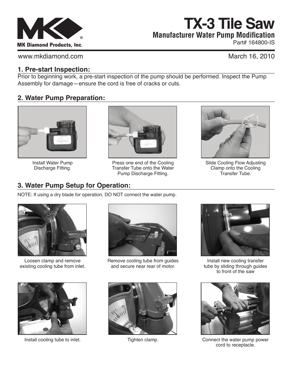 MK Diamond TX-3 Manufacturer Water Pump User Manual | 2 pages