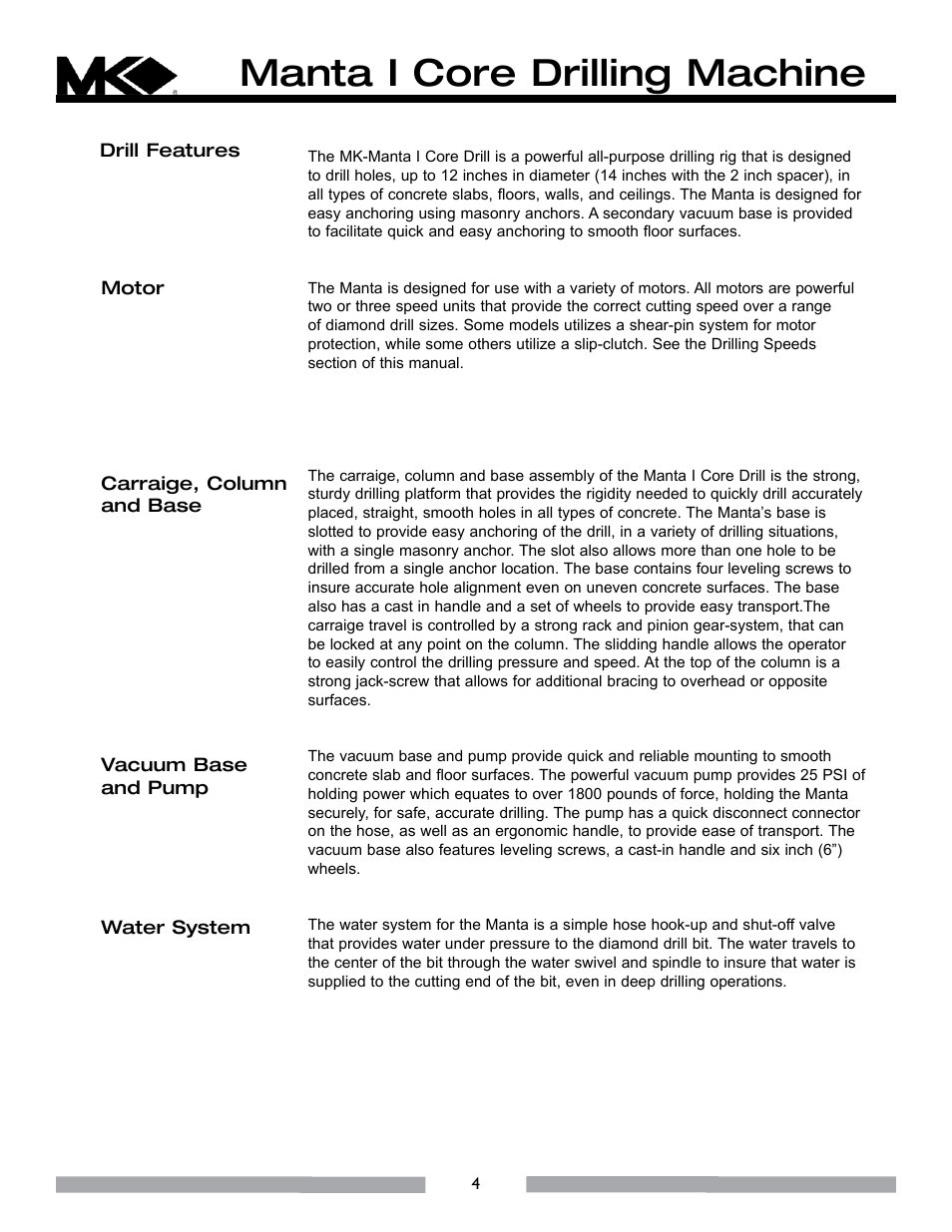 Manta i core drilling machine | MK Diamond MK-MANTA I User Manual | Page 5 / 23