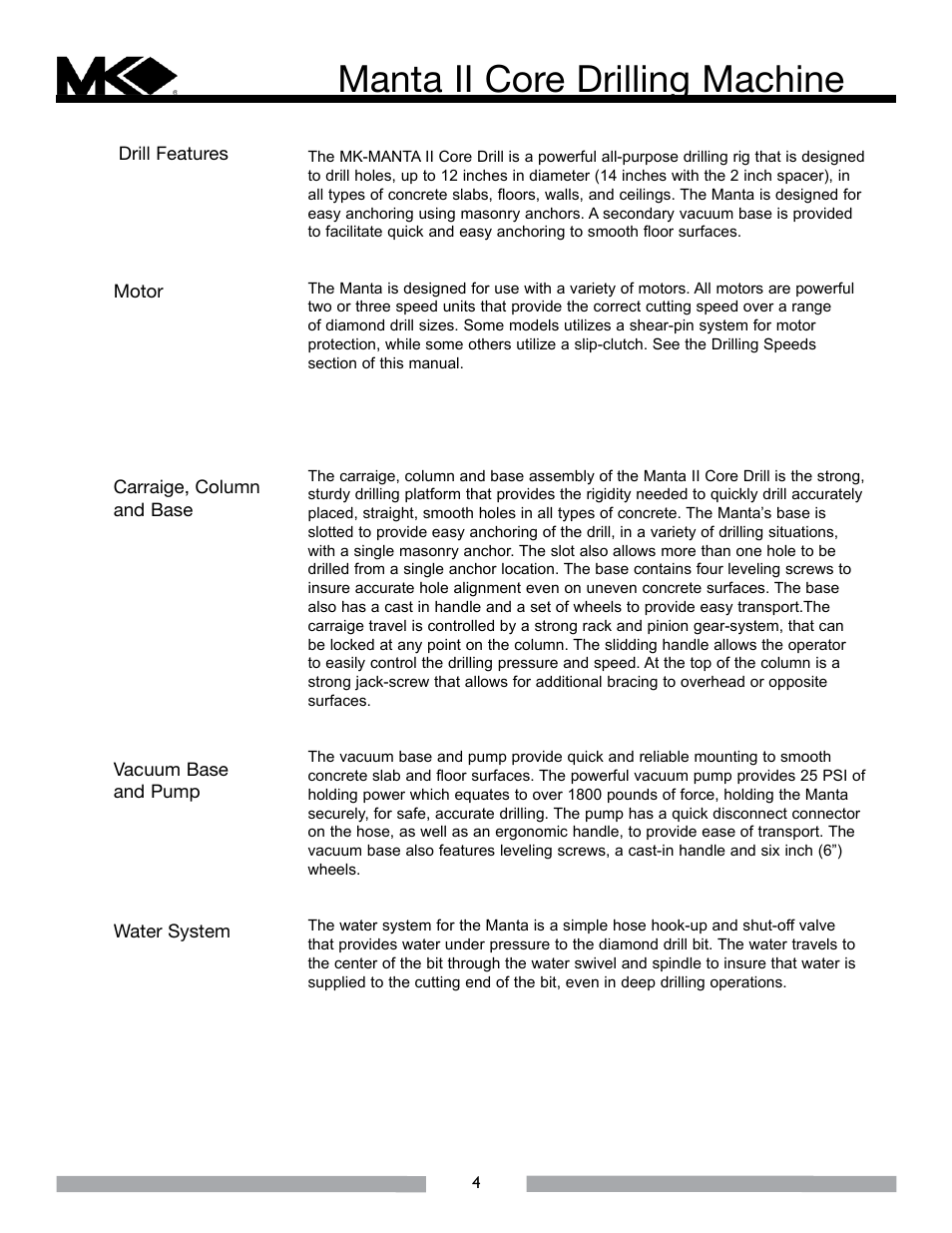 Manta ii core drilling machine | MK Diamond MK-MANTA II User Manual | Page 5 / 23