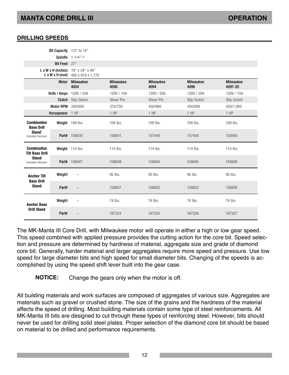Manta core drill iii operation | MK Diamond MK-MANTA III User Manual | Page 12 / 32