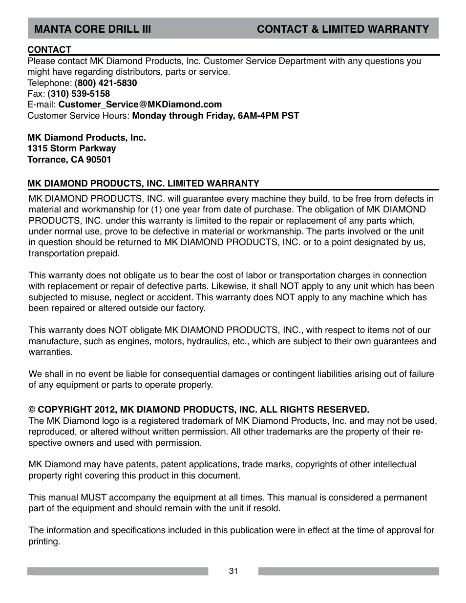 MK Diamond MK-MANTA III User Manual | Page 31 / 32