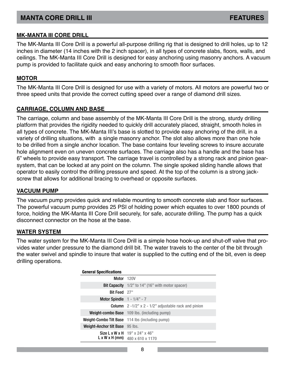 Manta core drill iii features | MK Diamond MK-MANTA III User Manual | Page 8 / 32