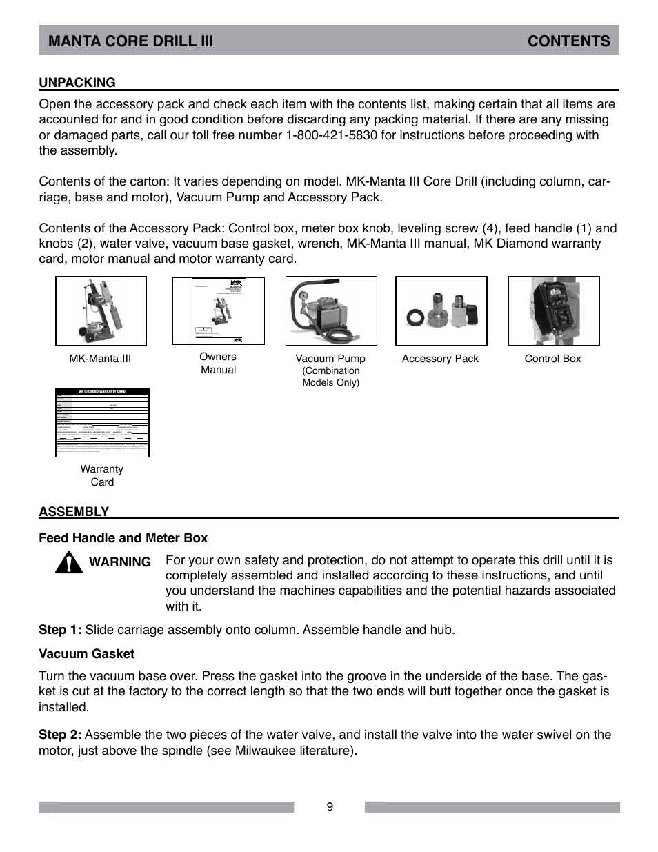 Manta core drill iii contents | MK Diamond MK-MANTA III User Manual | Page 9 / 32