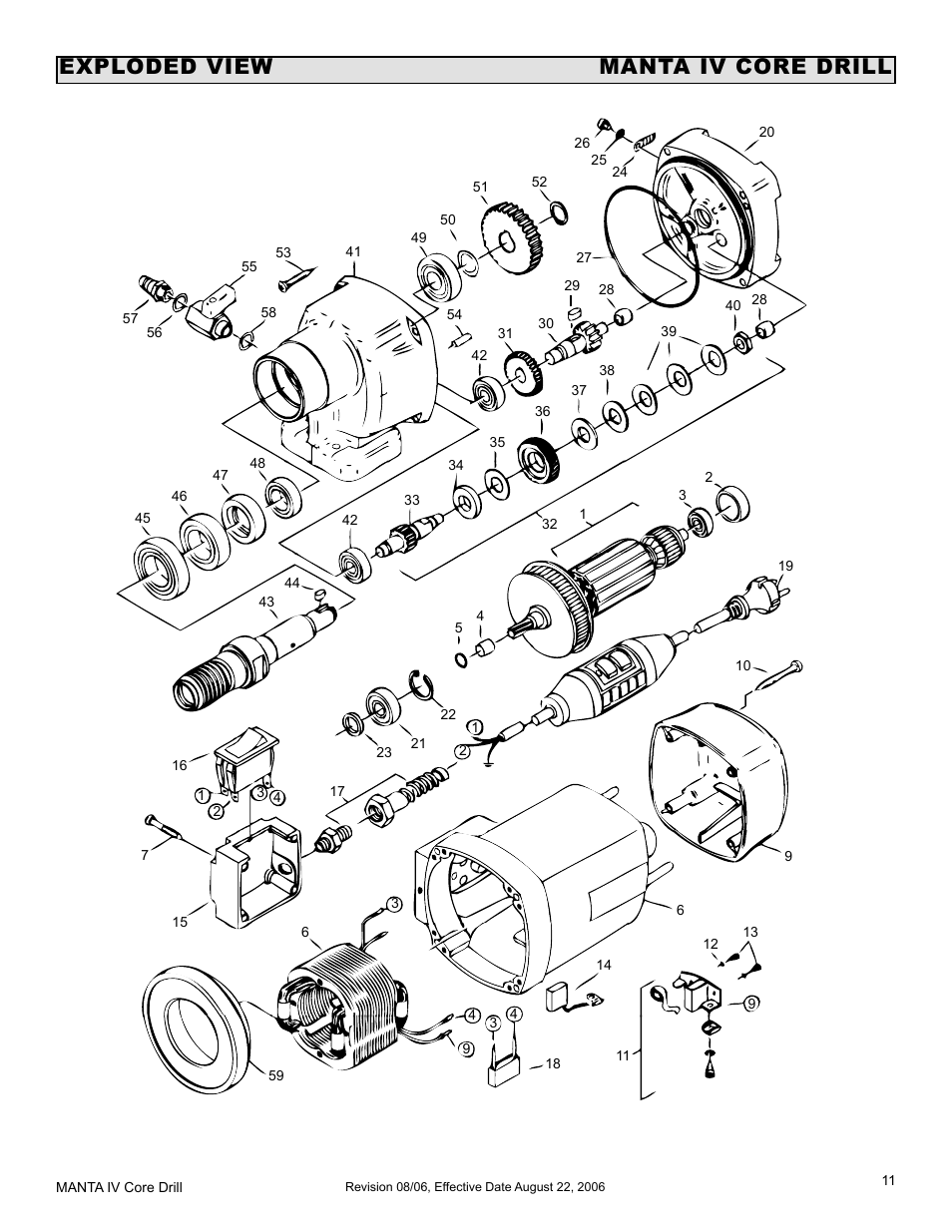 Exploded views and parts list, Exploded view manta iv core drill | MK Diamond MK-MANTA IV User Manual | Page 11 / 16