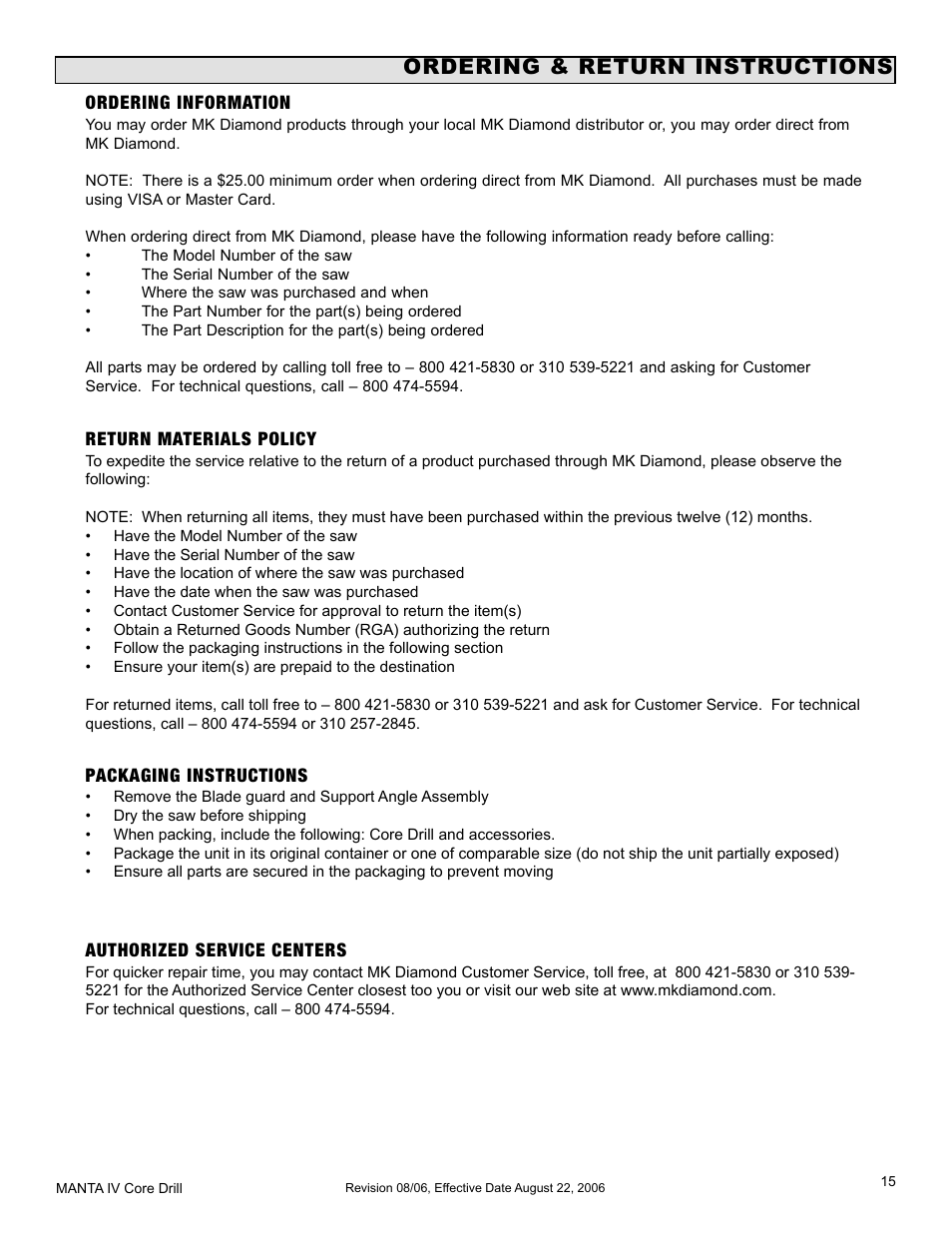 Ordering information, Ordering & return instructions | MK Diamond MK-MANTA IV User Manual | Page 15 / 16