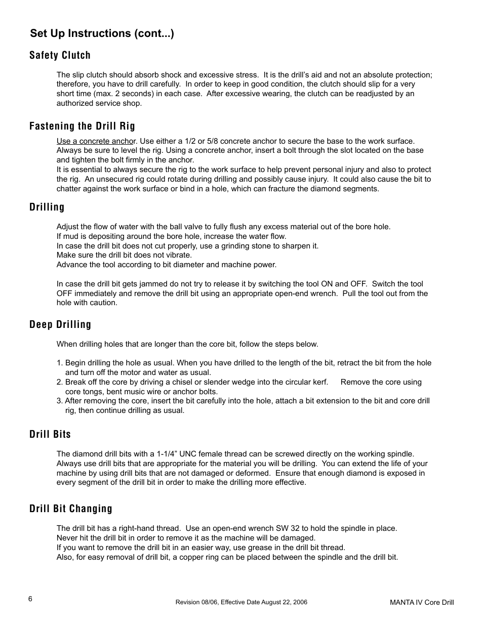 Set up instructions (cont...), Safety clutch, Fastening the drill rig | Drilling, Drill bits, Drill bit changing, Deep drilling | MK Diamond MK-MANTA IV User Manual | Page 6 / 16