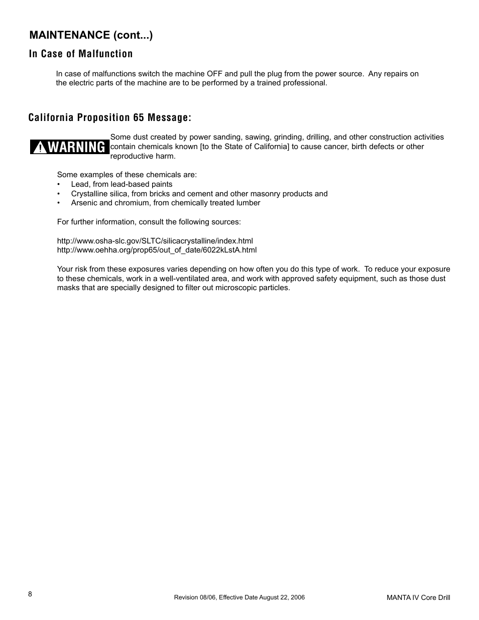 Warning, Maintenance (cont...), California proposition 65 message | MK Diamond MK-MANTA IV User Manual | Page 8 / 16