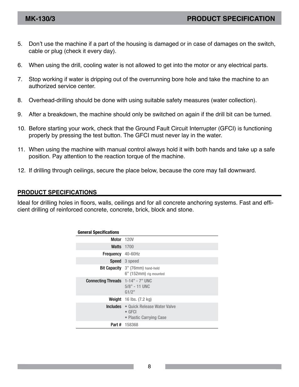 Mk-130/3 product specification | MK Diamond MK-130-3 User Manual | Page 8 / 16
