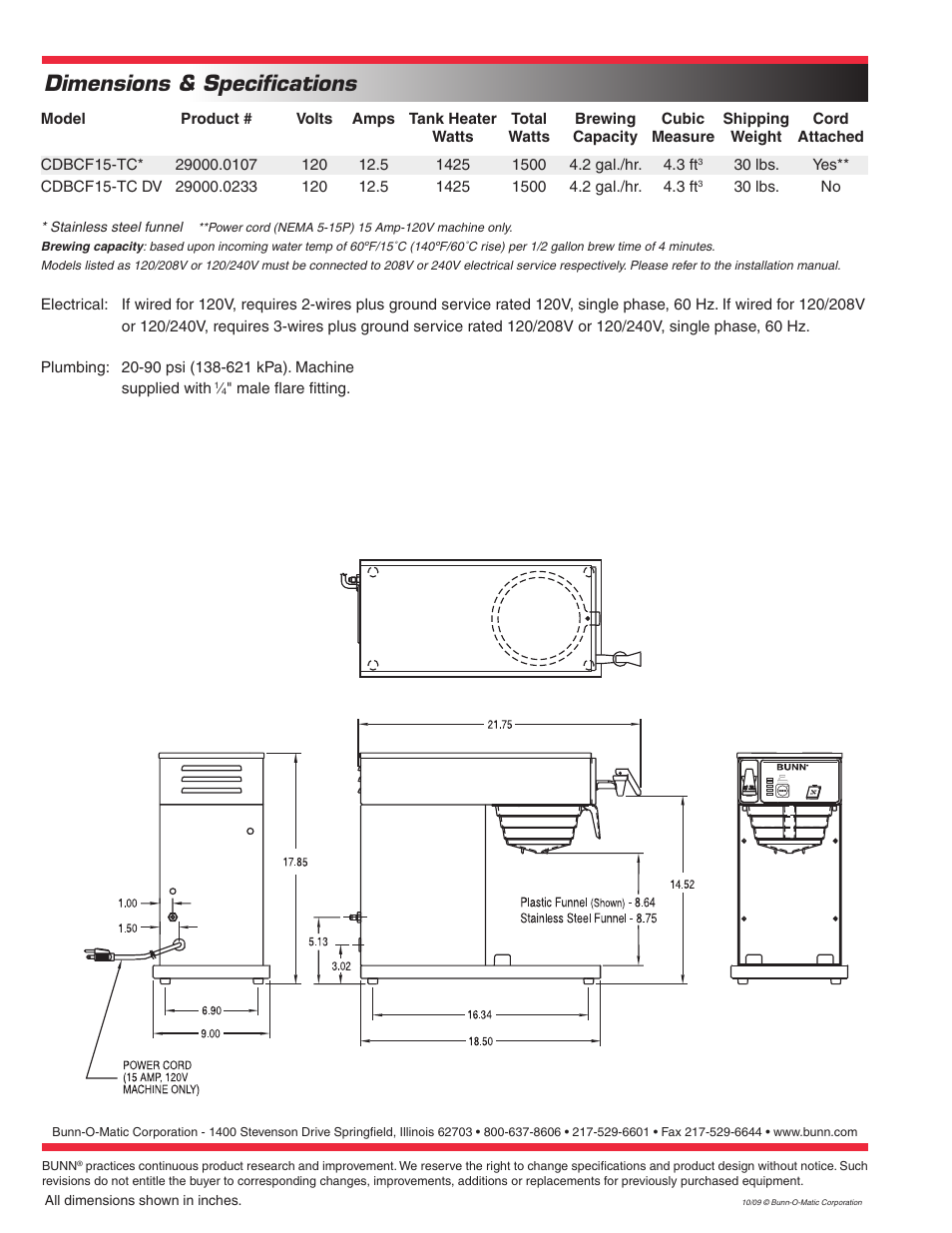 Dimensions & specifications | Bunn CDBCF15-TC User Manual | Page 2 / 2