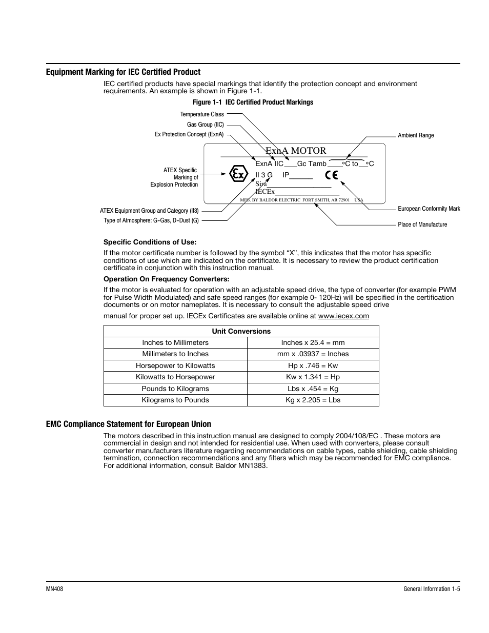 Exna motor, Equipment marking for iec certified product, Emc compliance statement for european union | MK Diamond Baldor Motor User Manual | Page 9 / 30