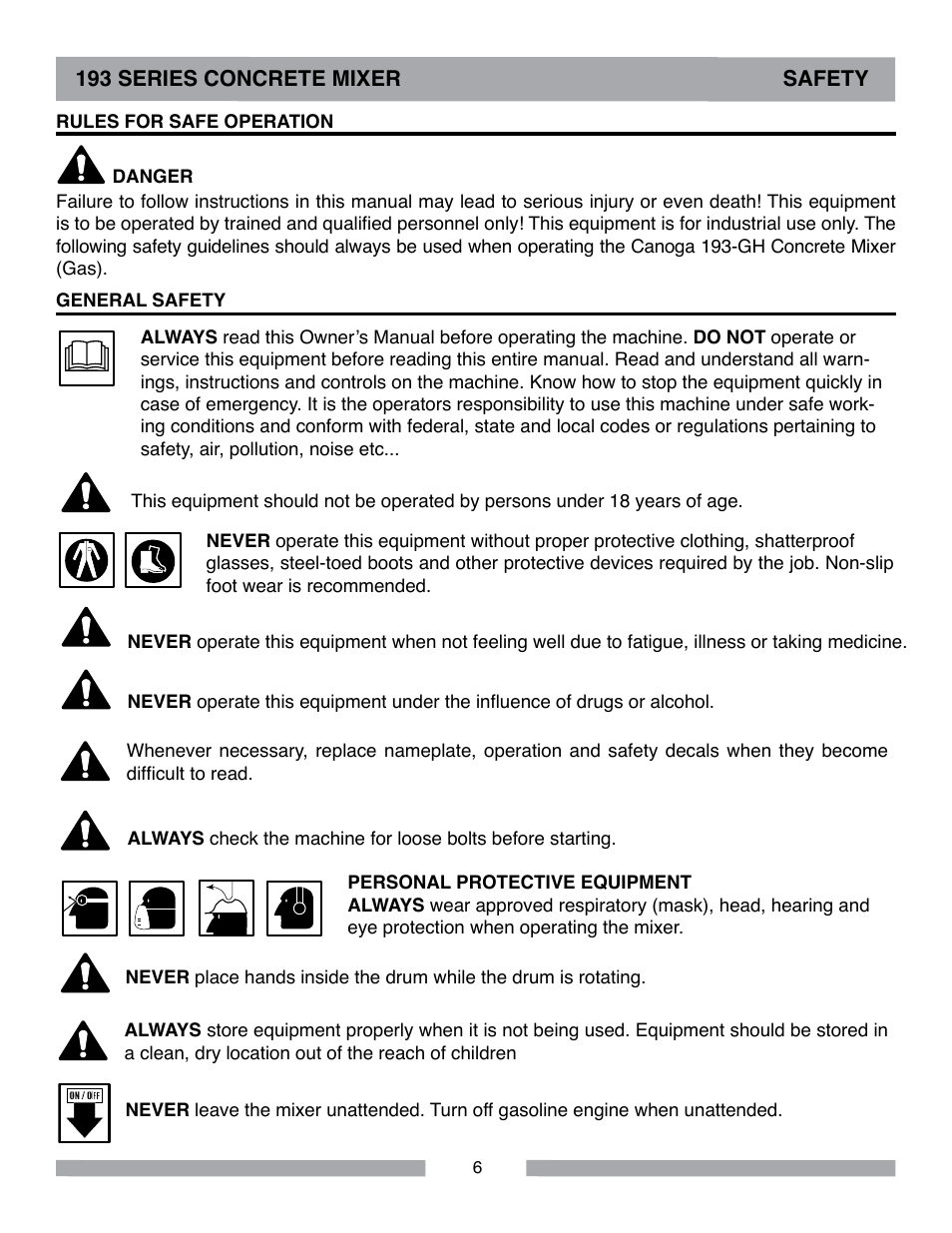 193 series concrete mixer safety | MK Diamond Canoga 193 Gas User Manual | Page 6 / 32