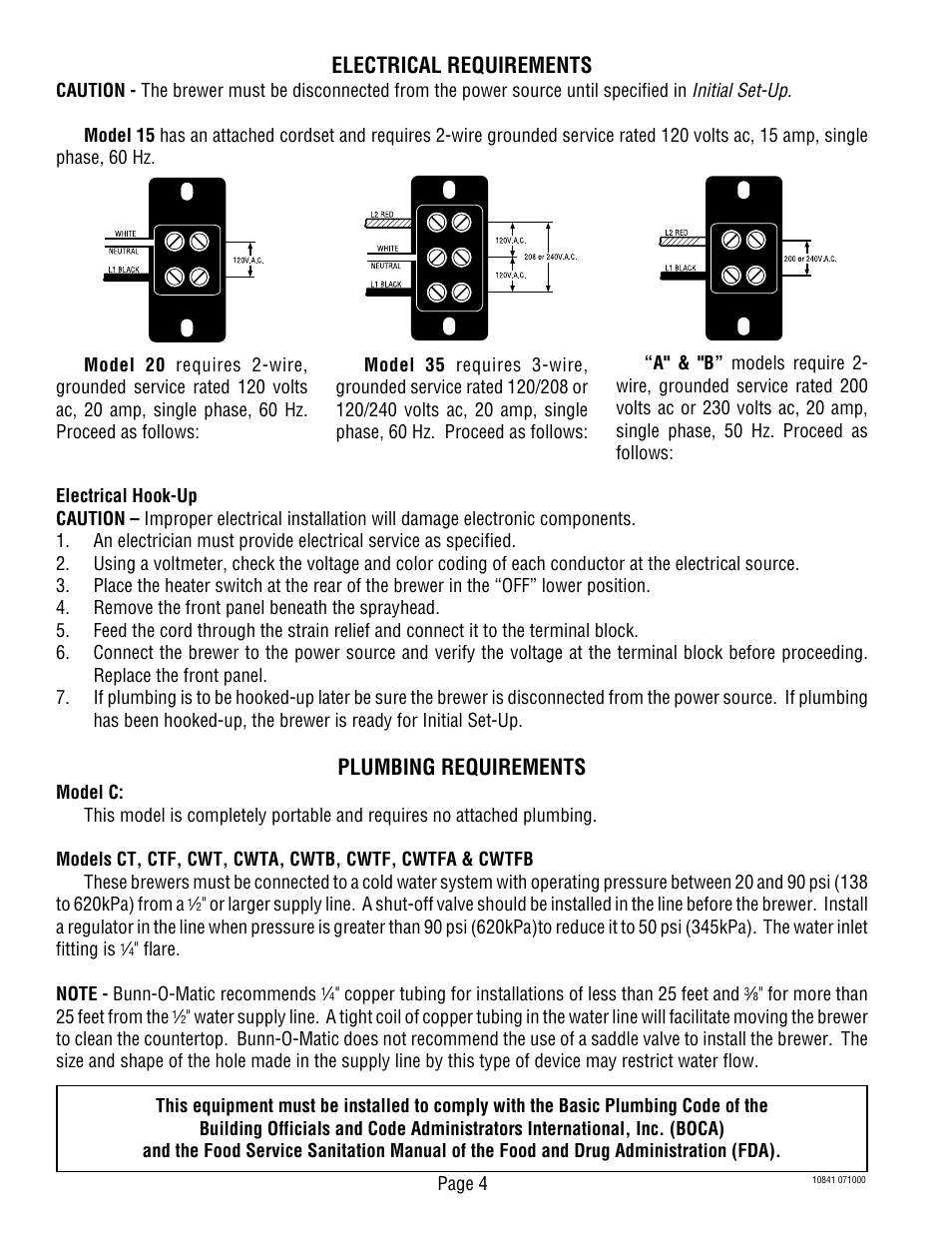 Electrical requirements, Plumbing requirements | Bunn C User Manual | Page 4 / 32