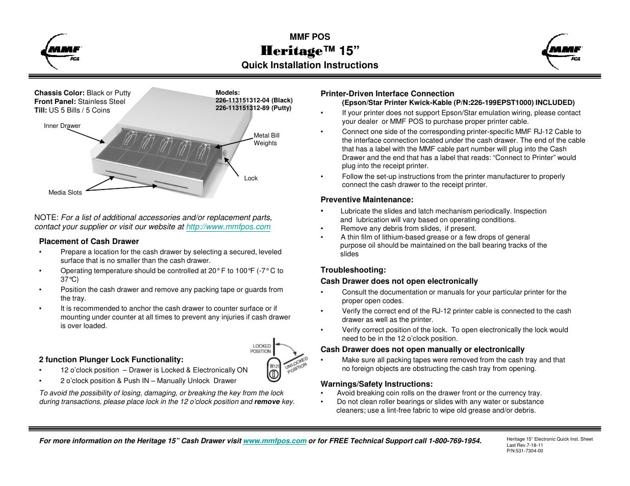 MMF POS Heritage 15 Cash Drawer User Manual | 1 page