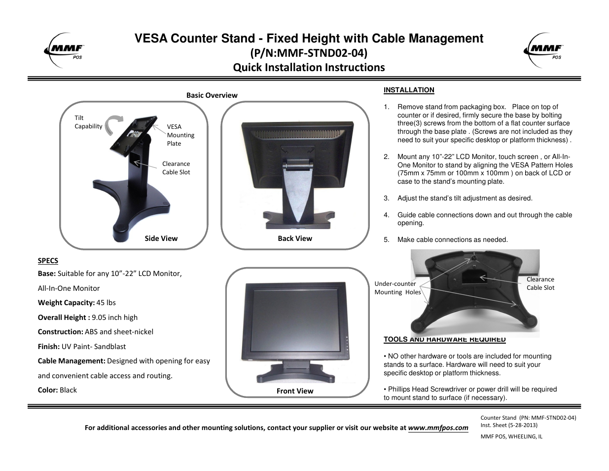 MMF POS MMF-STND02-04: Fixed Height – VESA Compatible Stand with Cable Management User Manual | 1 page