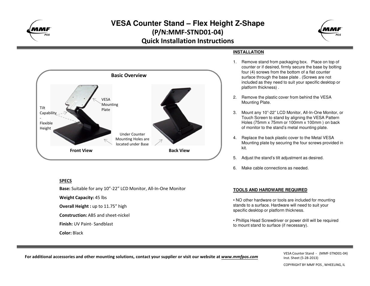 MMF POS MMF-STND01-04: Flex height – VESA Compatible Stand- Z-Design User Manual | 1 page