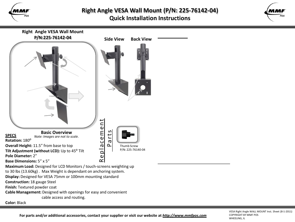 MMF POS VESA WALL MOUNT, RIGHT ANGLE , TILT & SWIVEL WITH 4 ARM 75/100mm KIT User Manual | 1 page