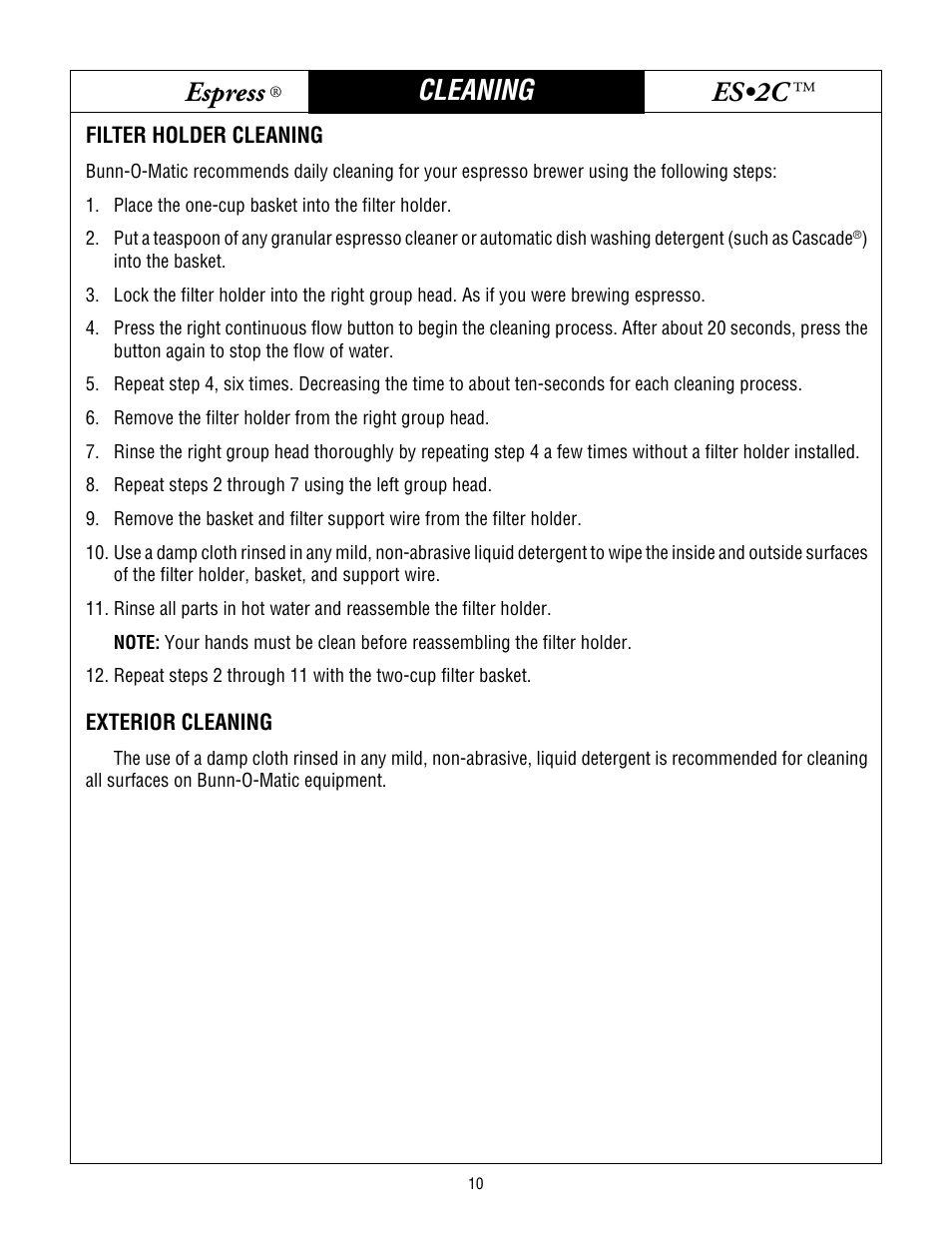 Bunn espress, Es•2c, Cleaning | Bunn ESPRESS ES2C User Manual | Page 10 / 17