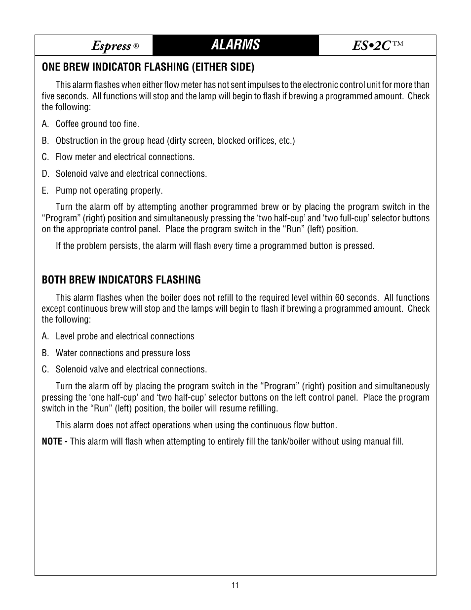 Bunn espress, Es•2c, Alarms | Bunn ESPRESS ES2C User Manual | Page 11 / 17