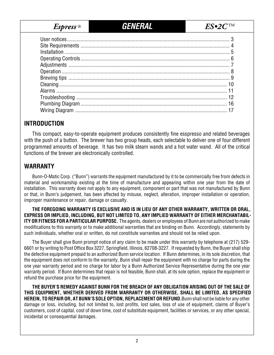 Bunn espress, Es•2c, General | Bunn ESPRESS ES2C User Manual | Page 2 / 17