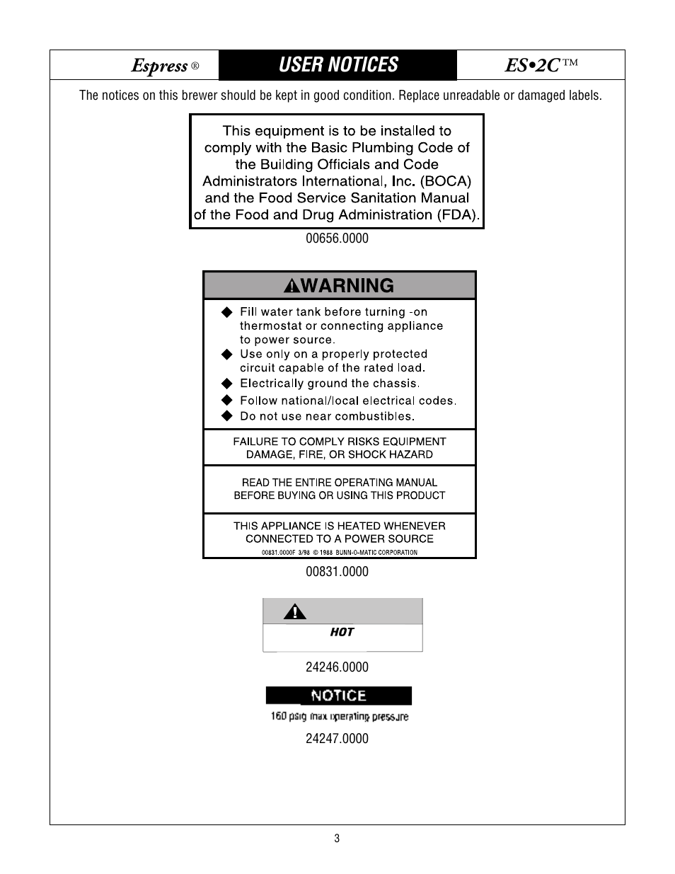 Bunn espress, Es•2c, User notices | Bunn ESPRESS ES2C User Manual | Page 3 / 17