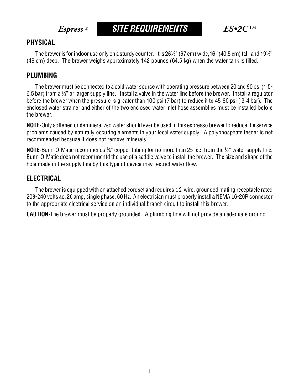 Bunn espress, Es•2c, Site requirements | Physical, Plumbing, Electrical | Bunn ESPRESS ES2C User Manual | Page 4 / 17