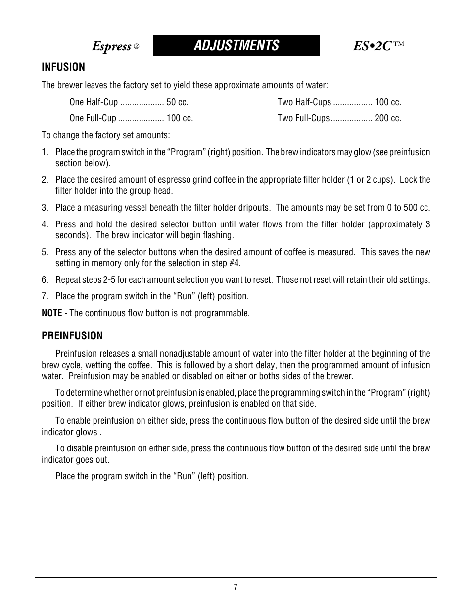 Bunn espress, Es•2c, Adjustments | Bunn ESPRESS ES2C User Manual | Page 7 / 17