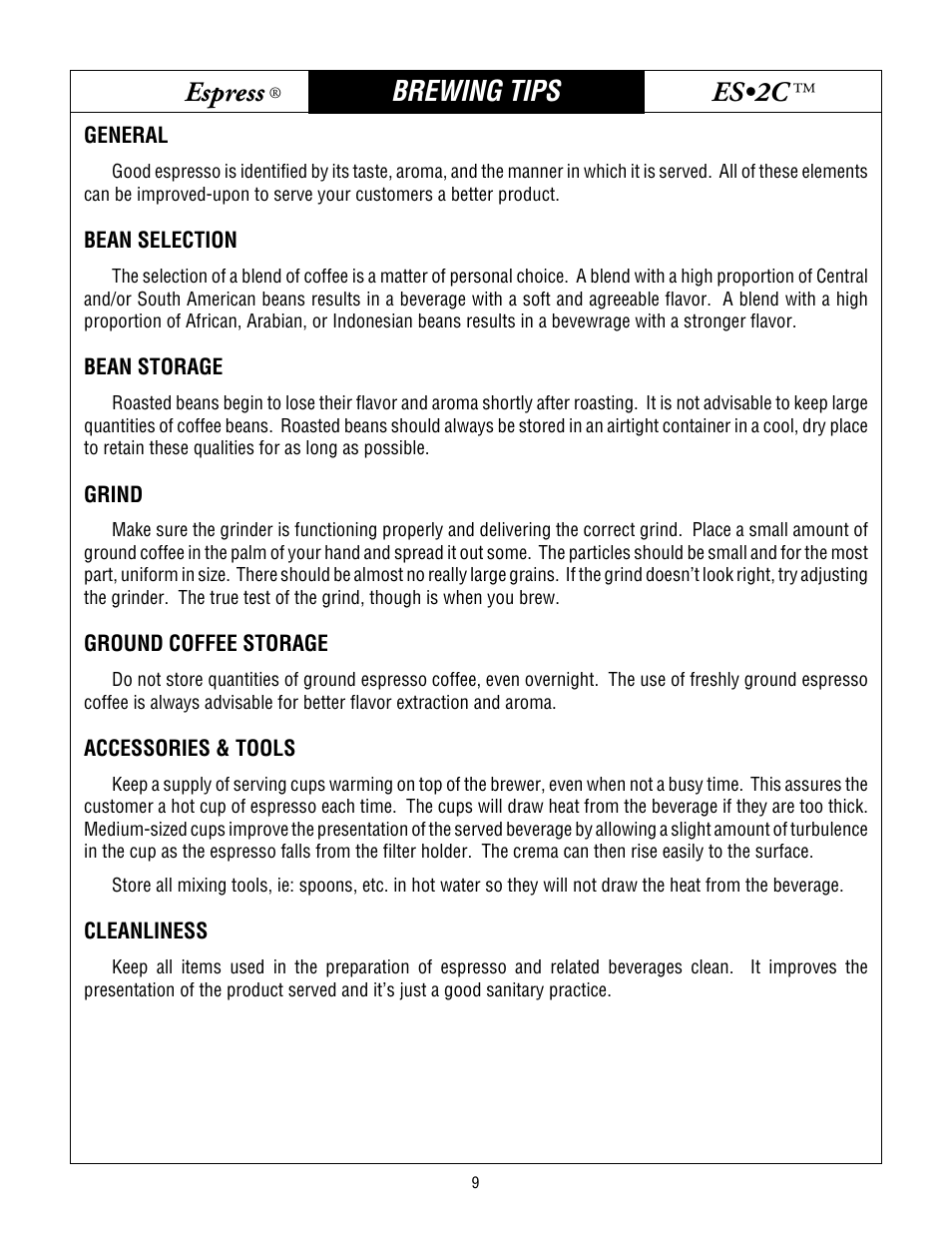 Bunn espress, Es•2c, Brewing tips | Bunn ESPRESS ES2C User Manual | Page 9 / 17
