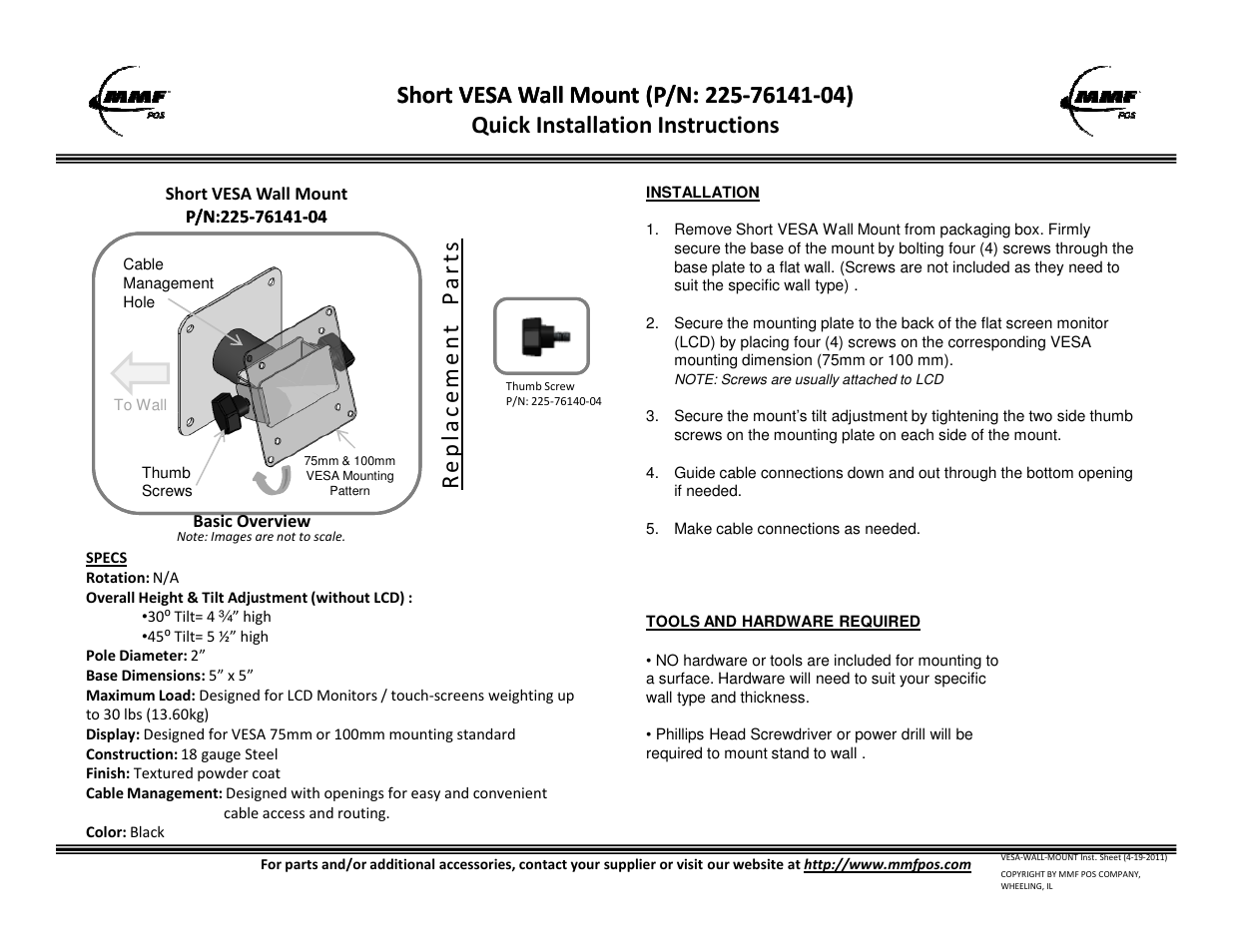 MMF POS VESA SHORT WALL OR COUNTER MOUNT- TILT ONLY User Manual | 1 page