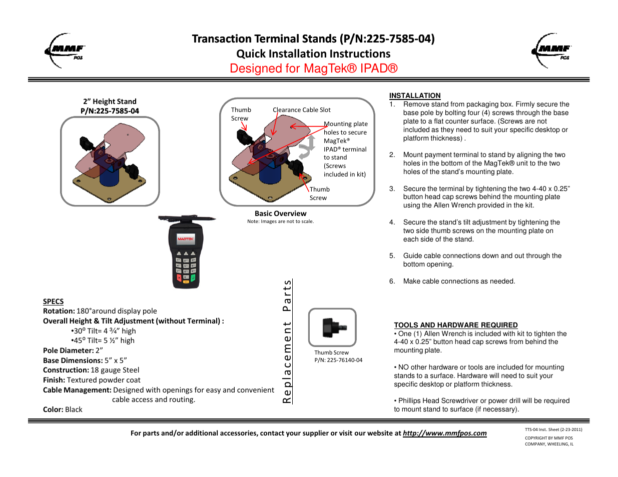 MMF POS MagTek IPAD Stand User Manual | 1 page