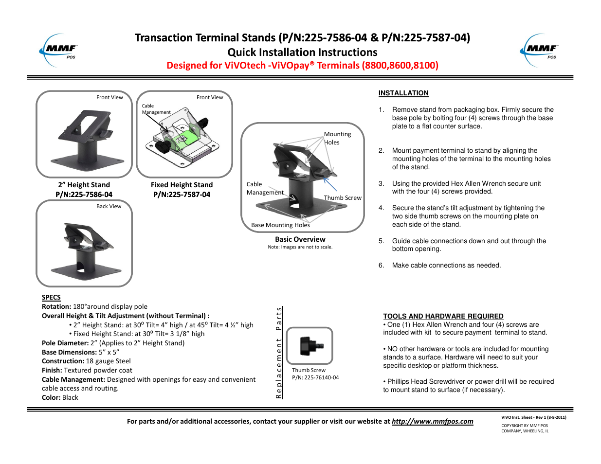 MMF POS ViVOtech-ViVOpay Terminals (8800,8600,8100) - 2 Height Stand User Manual | 1 page