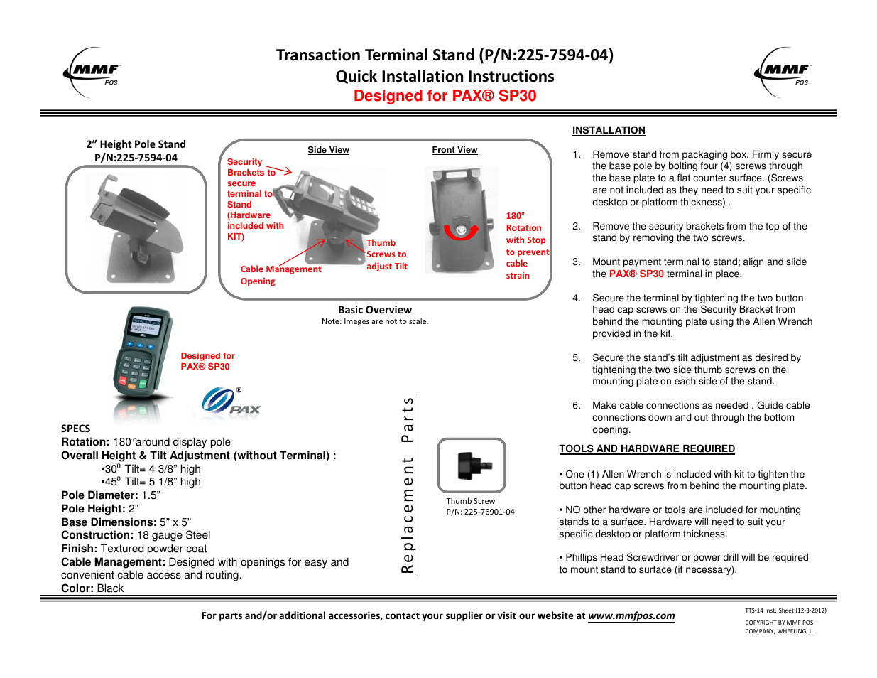 MMF POS PAX SP30 Transaction Terminal STAND User Manual | 1 page