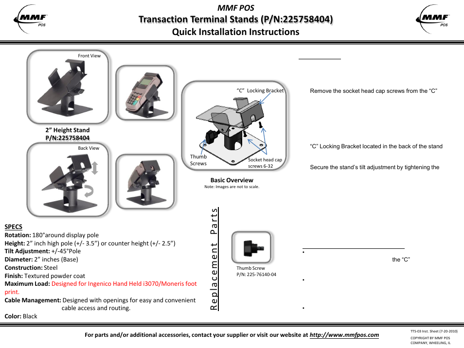 MMF POS Ingenico i3070 (Hand Held) - 2 Height Stand User Manual | 1 page