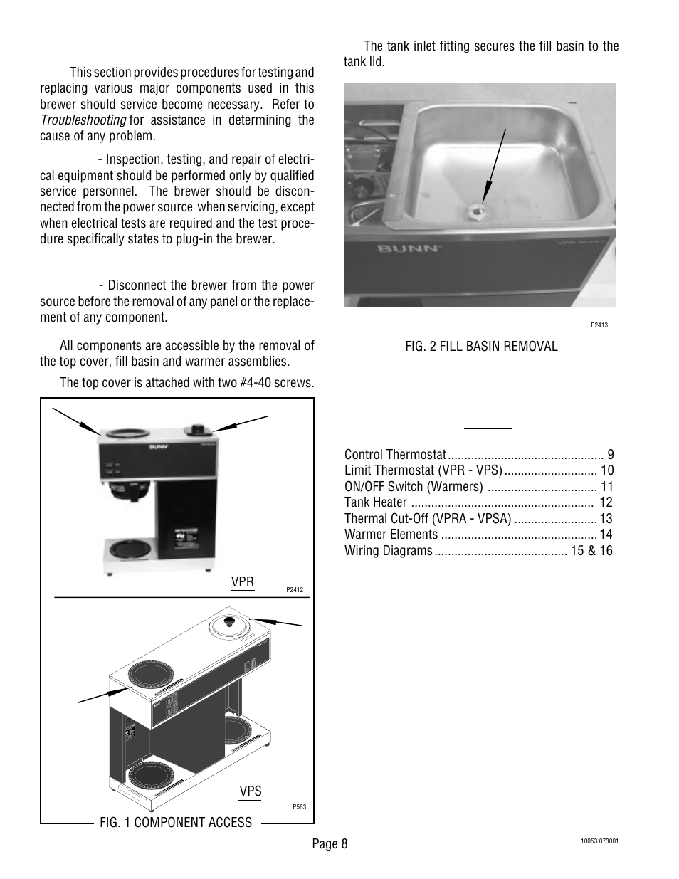 Service, Troubleshooting, Page 8 | Fig. 2 fill basin removal fig. 1 component access | Bunn VPS User Manual | Page 8 / 17