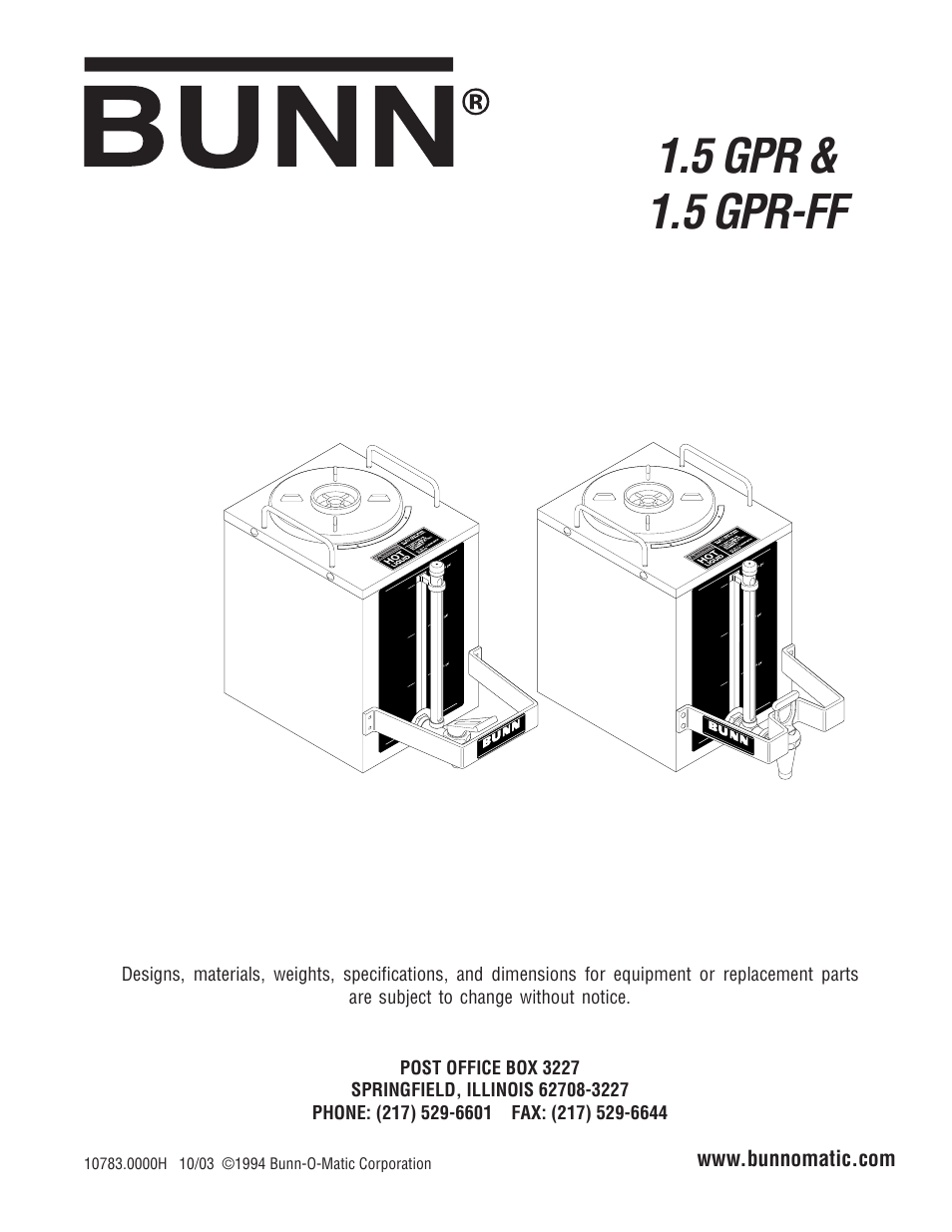 Bunn 1.5 GPR-FF User Manual | 12 pages