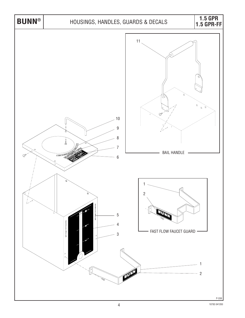 Bunn, 5 gpr 1.5 gpr-ff, Housings, handles, guards & decals | Bail handle, P-338 | Bunn 1.5 GPR-FF User Manual | Page 4 / 12